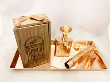 Load image into Gallery viewer, Copper flask, whiskey, Filson, cigars, bottle open, men&#39;s gift