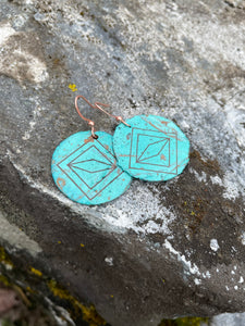 Blue Patina Earrings With Engraving